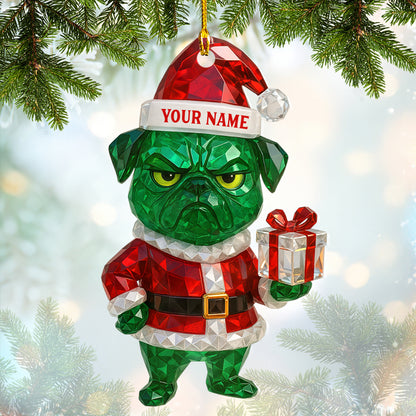 Personalized Green Pug Christmas Ornament, Funny Custom Name Santa Dog Decoration, Cute Holiday Gift for Pug Lovers