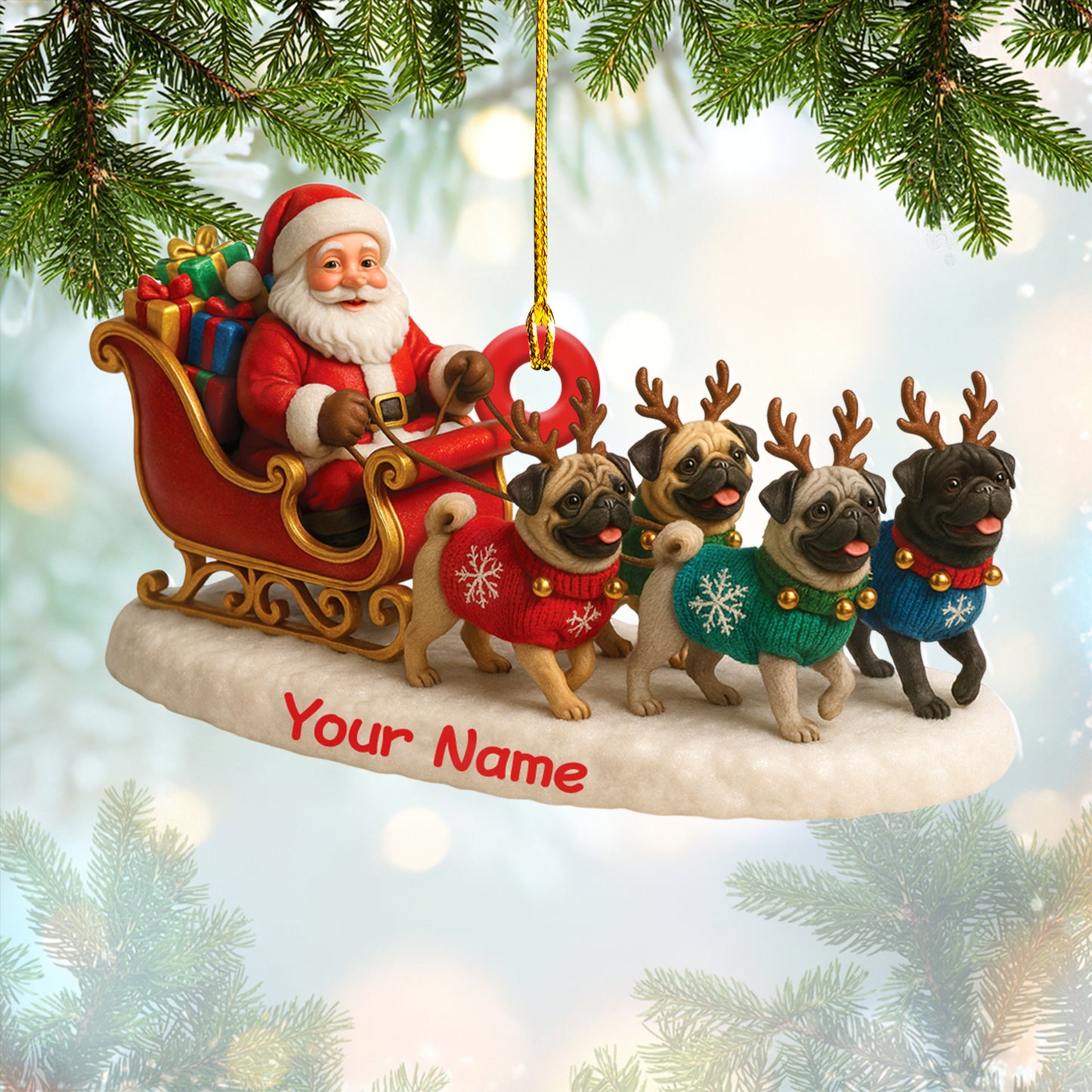Personalized Pug Christmas Ornament, Cute Pugs Pulling Santa’s Sleigh, Acrylic Holiday Gift for Dog Lovers
