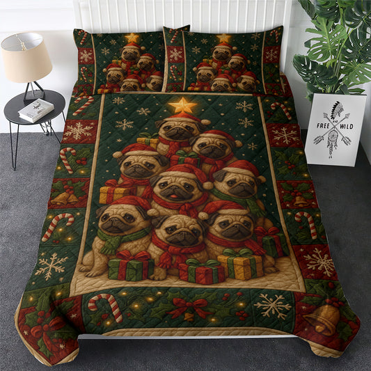 Pug Christmas Quilt Set, Funny Pug Dog Holiday Bedroom Decor, Pug Bedding For Pet Lover