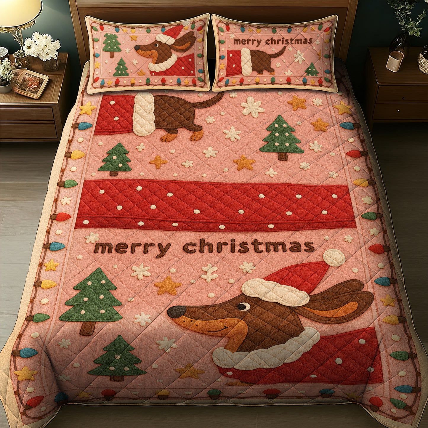 Funny Wiener Dog Christmas Quilt Set, Dachshund Xmas Holiday Bedroom Decor, Dachshund Quilt Set For Pet Lover