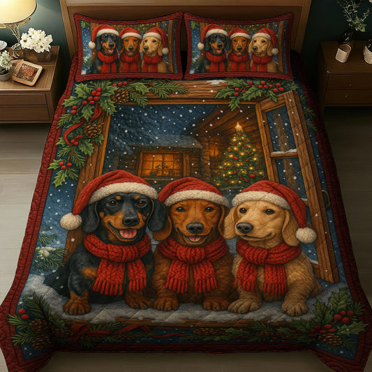 Dachshund Quilt Set For Dog Lover, Dachshund Xmas Holiday Bedroom, Funny Wiener Dog Christmas Quilt Set