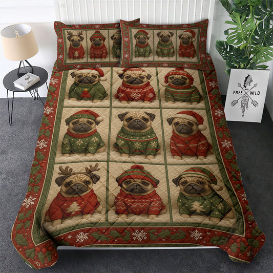 Funny Pug Dog Bedroom Decor, Pug Christmas Quilt Set, Pug Bedding For Pet Lover