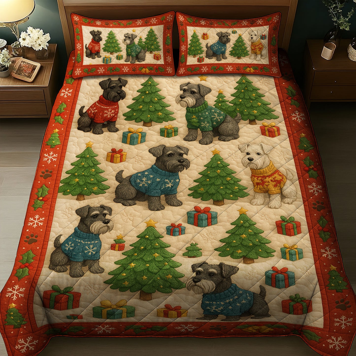 Funny Schnauzer Quilt Set, Schnauzer Xmas Quilt Set, Christmas Schnauzer Bedroom For Dog Lover