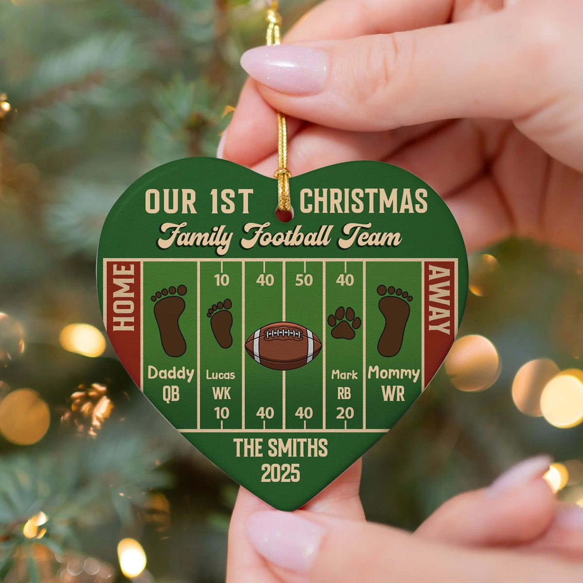Our 1st Christmas Family Football Team - Personalized Heart Ceramic Ornament
