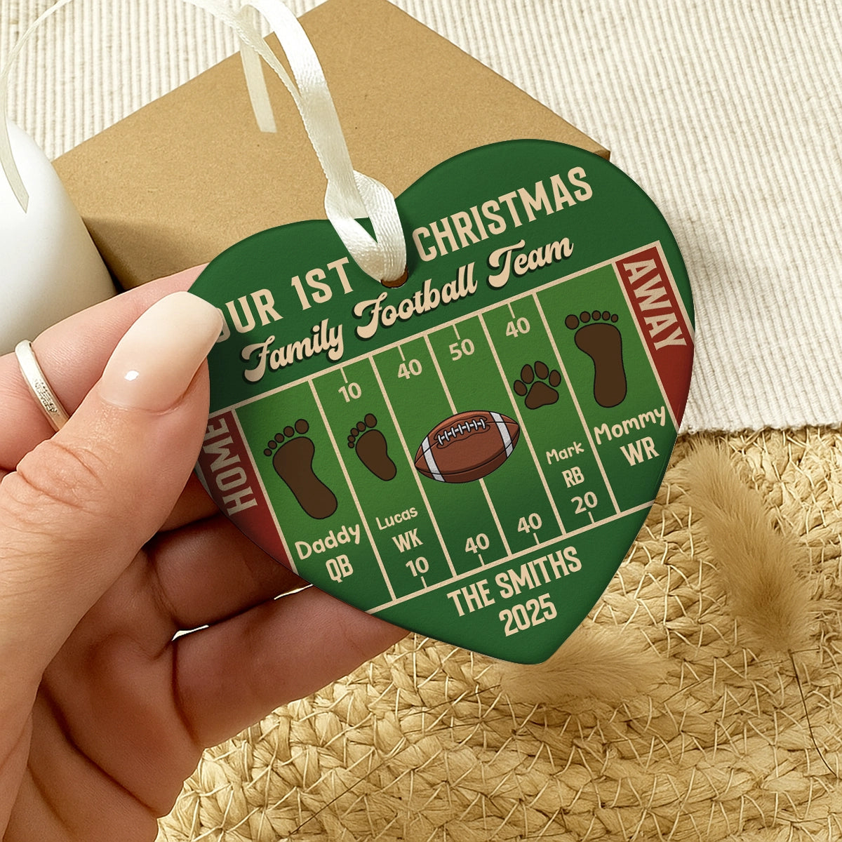 Our 1st Christmas Family Football Team - Personalized Heart Ceramic Ornament