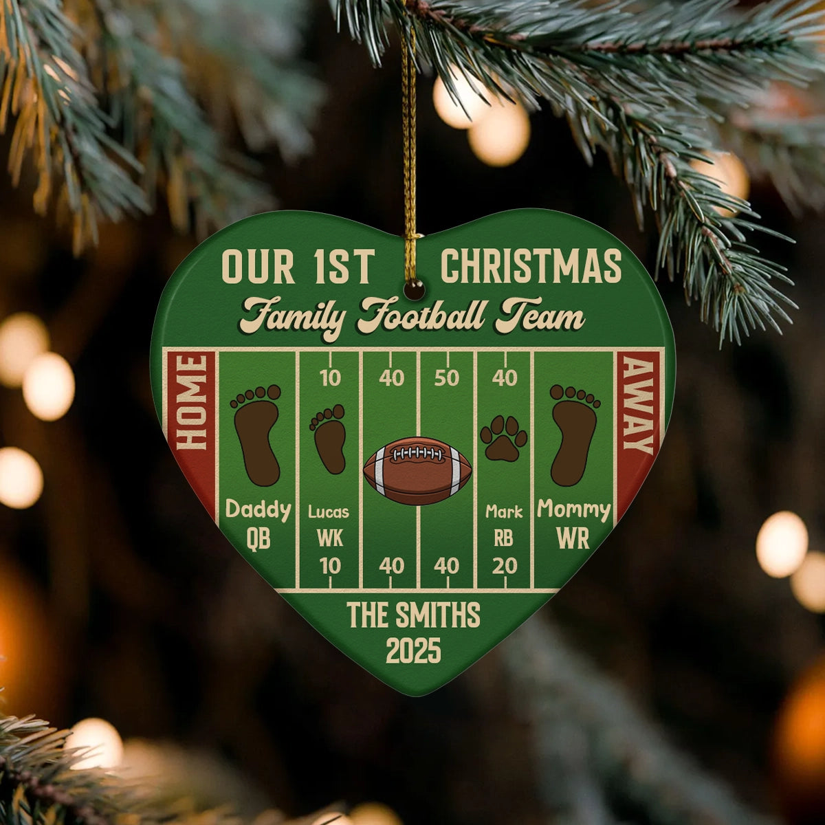 Our 1st Christmas Family Football Team - Personalized Heart Ceramic Ornament