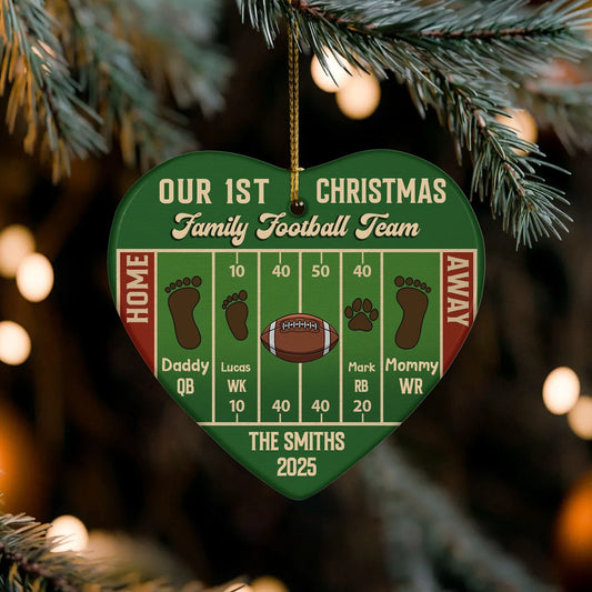 Our 1st Christmas Family Football Team - Personalized Heart Ceramic Ornament