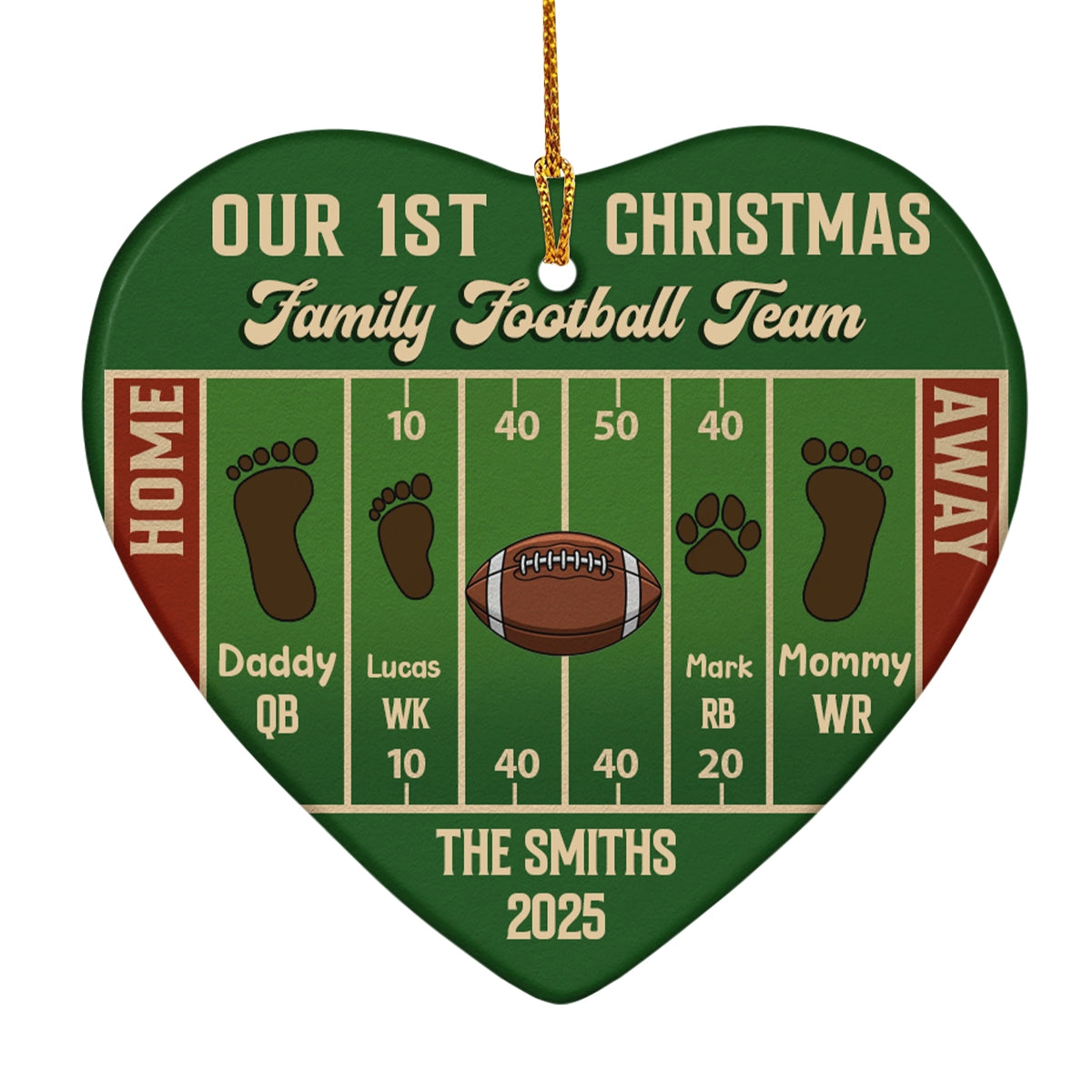Our 1st Christmas Family Football Team - Personalized Heart Ceramic Ornament