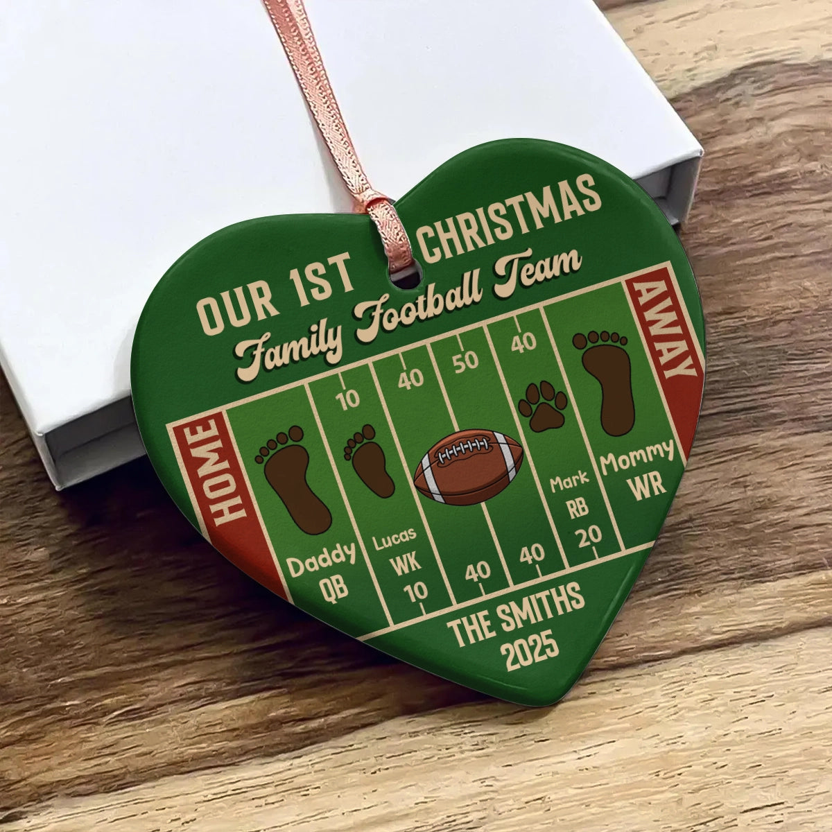 Our 1st Christmas Family Football Team - Personalized Heart Ceramic Ornament