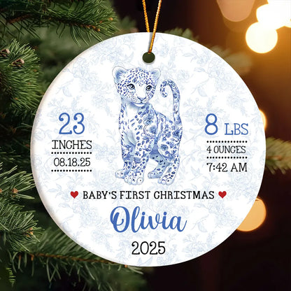 Baby First Christmas - Blue Toile Safari Animals - Personalized Circle Ceramic Ornament