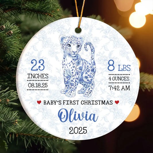 Baby First Christmas - Blue Toile Safari Animals - Personalized Circle Ceramic Ornament