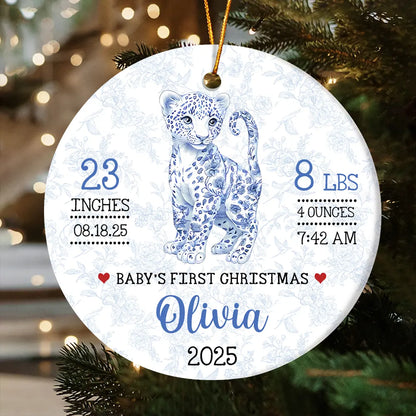 Baby First Christmas - Blue Toile Safari Animals - Personalized Circle Ceramic Ornament