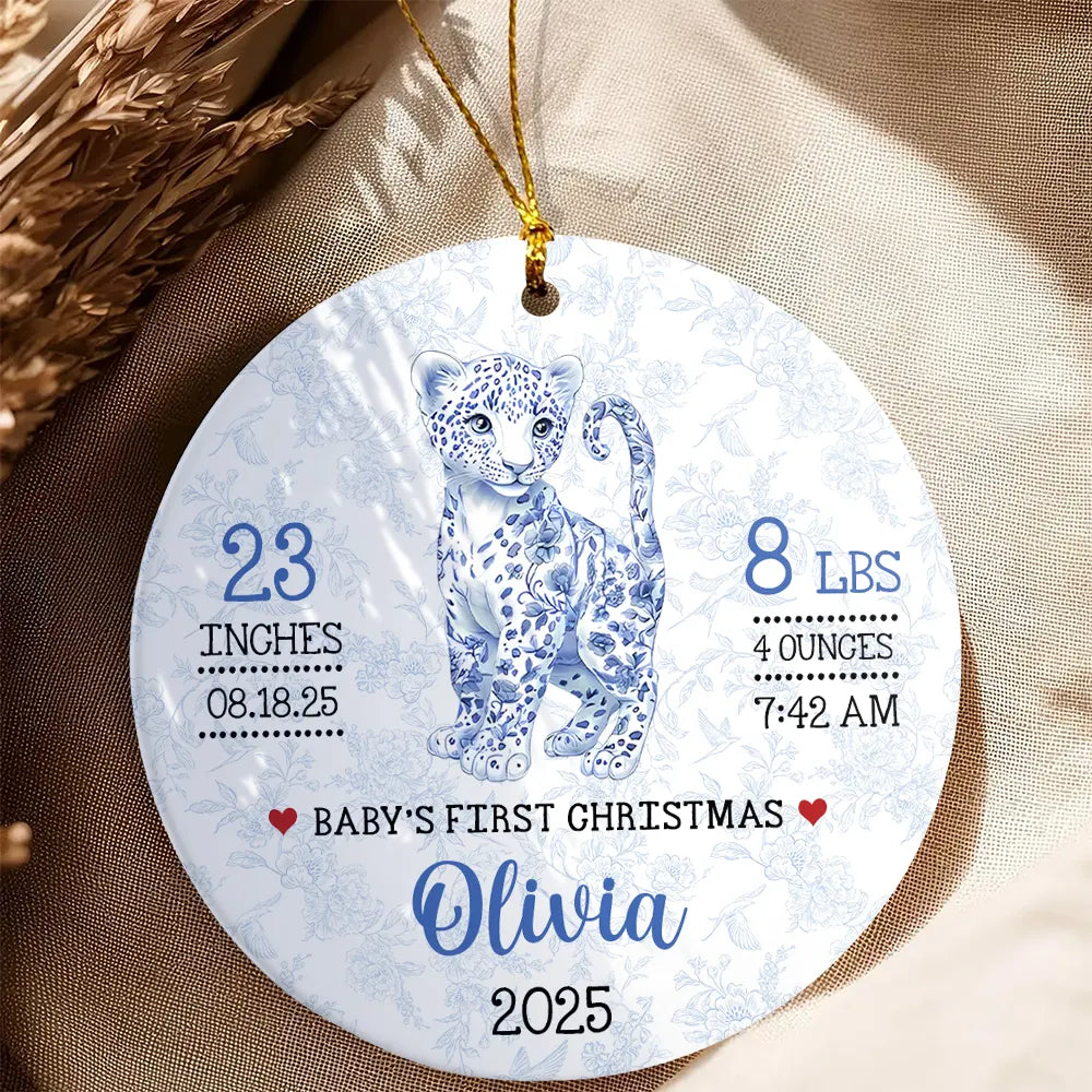 Baby First Christmas - Blue Toile Safari Animals - Personalized Circle Ceramic Ornament