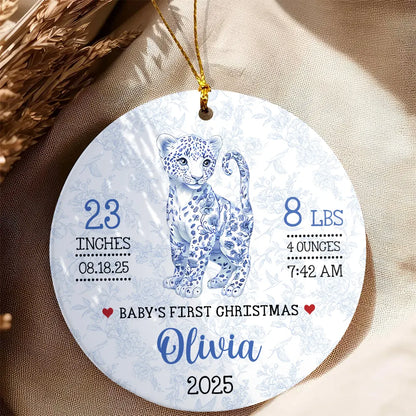 Baby First Christmas - Blue Toile Safari Animals - Personalized Circle Ceramic Ornament
