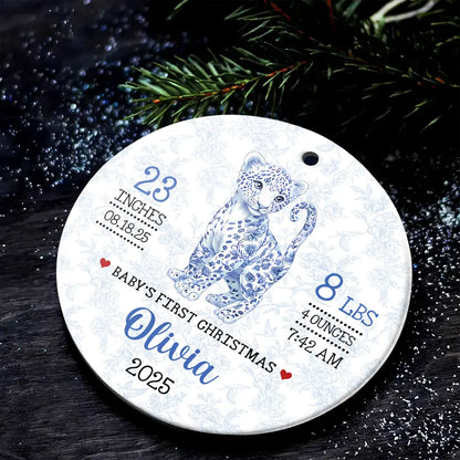 Baby First Christmas - Blue Toile Safari Animals - Personalized Circle Ceramic Ornament