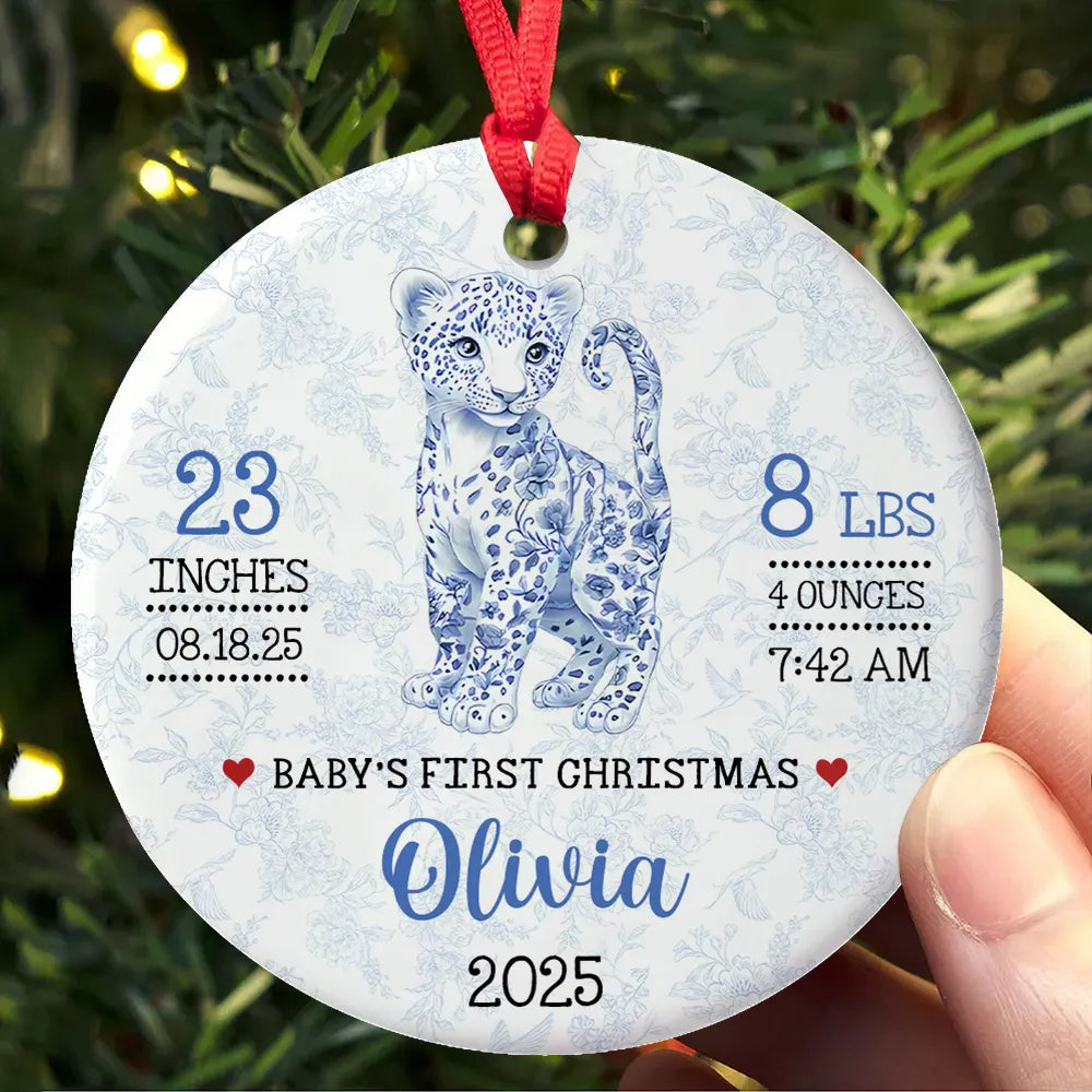 Baby First Christmas - Blue Toile Safari Animals - Personalized Circle Ceramic Ornament