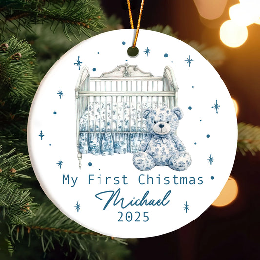 Baby First Christmas - Toile De Jouy - Personalized Circle Ceramic Ornament