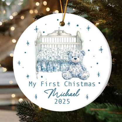 Baby First Christmas - Toile De Jouy - Personalized Circle Ceramic Ornament