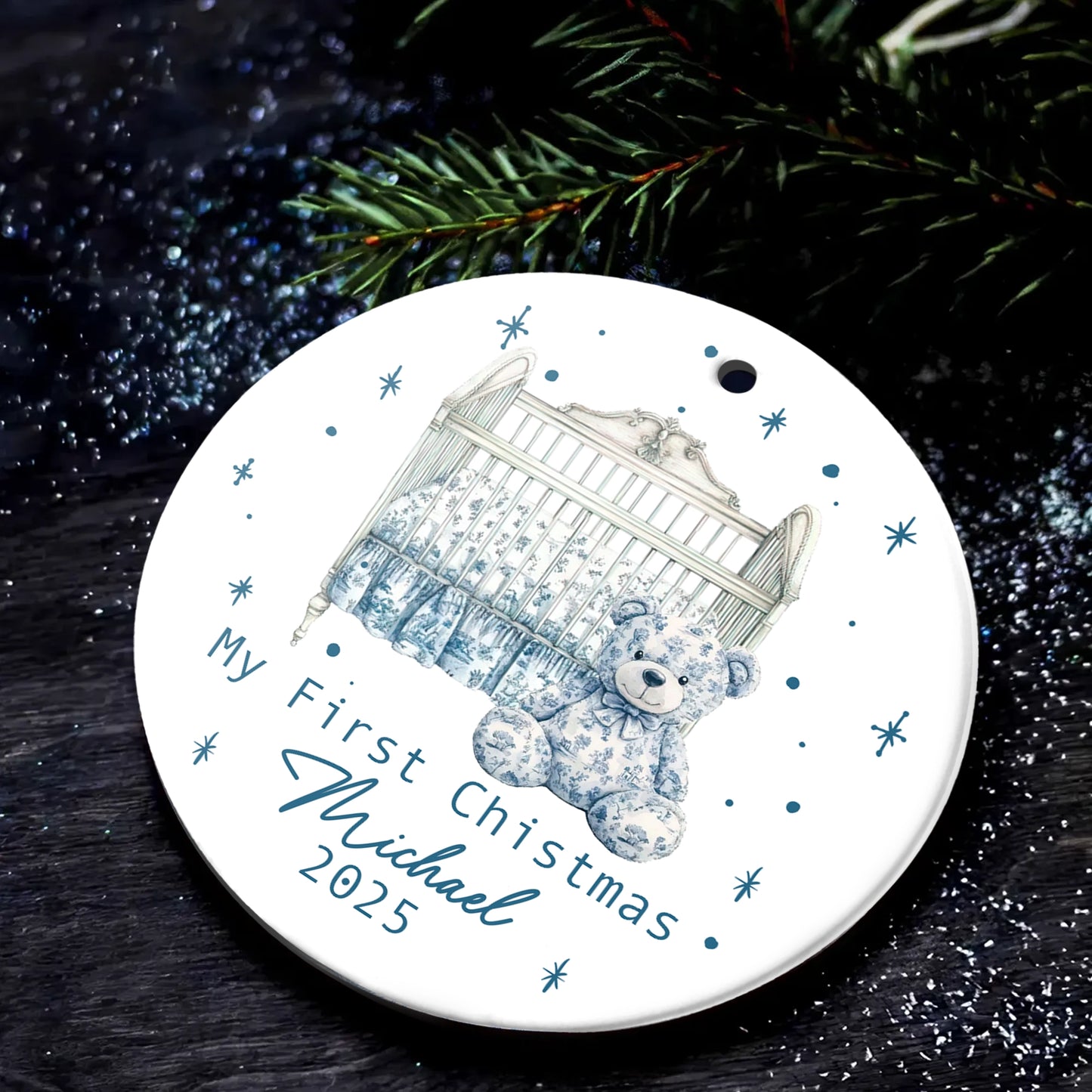 Baby First Christmas - Toile De Jouy - Personalized Circle Ceramic Ornament