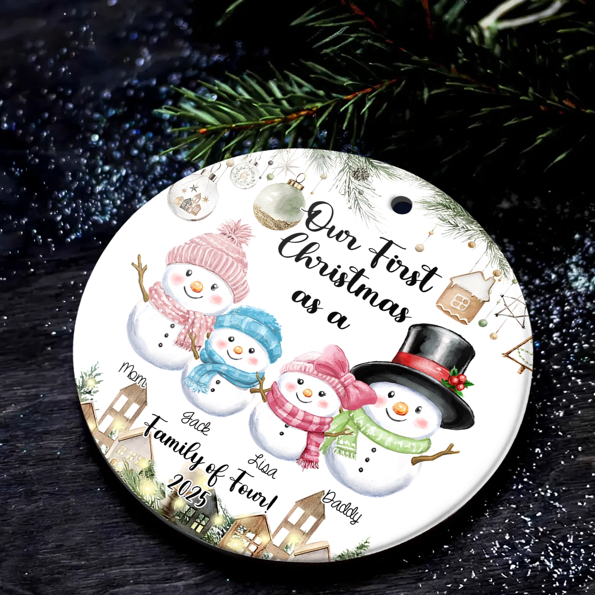 Our First Christmas With Snowman Design - Personalized Family Ceramic Ornament-OR-KL29-YV51-web4