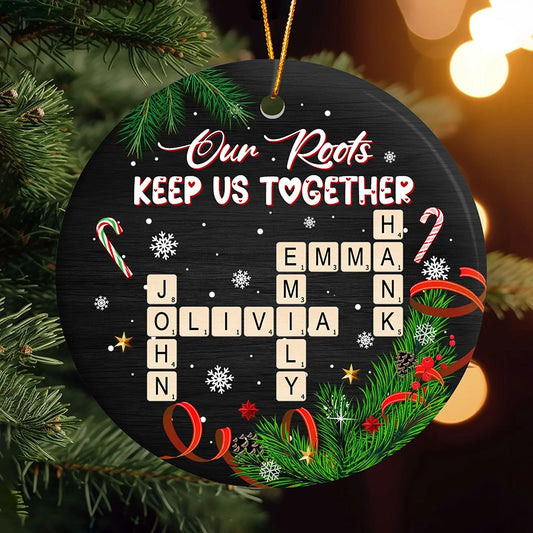 Our Roots Keep Us Together - Personalized Crossword Christmas Ornament – Scrabble Tile Design OR-HN15-TT11-Web1