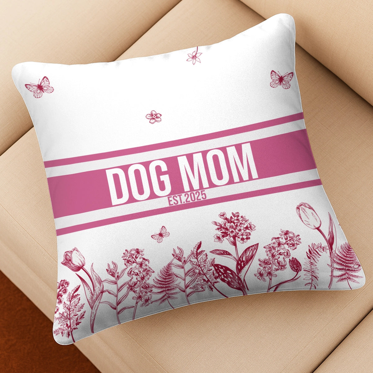 Dog Mom Est. 2025 - Custom Name Toile De Jouy Style - Personalized Pillow