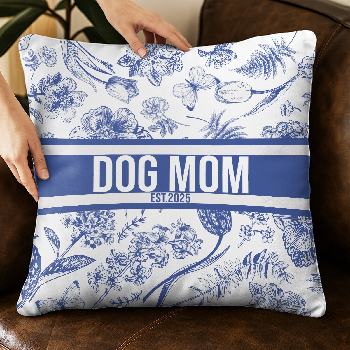 Dog Mom Est. 2025 - Custom Name Toile De Jouy Style - Personalized Pillow