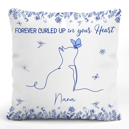 Custom Cat One Line Blue Toile De Jouy Style - Forever Curled Up In Our Hearts - Personalized Pillow