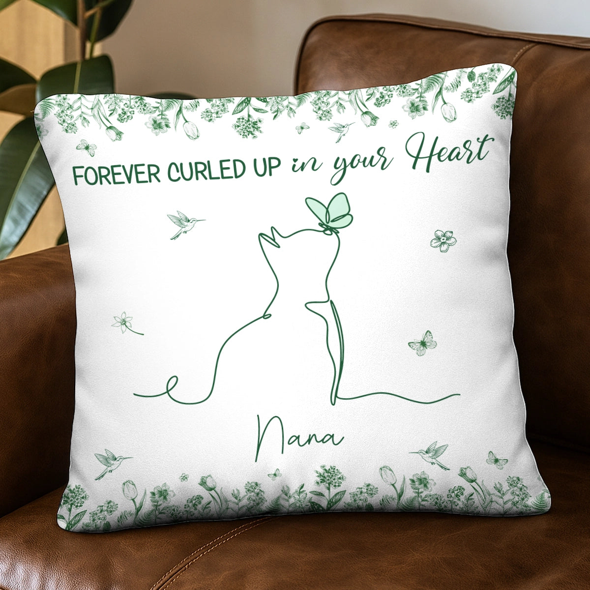 Custom Cat One Line Blue Toile De Jouy Style - Forever Curled Up In Our Hearts - Personalized Pillow
