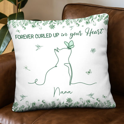Custom Cat One Line Blue Toile De Jouy Style - Forever Curled Up In Our Hearts - Personalized Pillow
