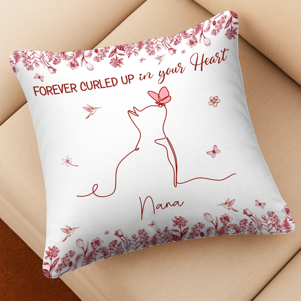 Custom Cat One Line Blue Toile De Jouy Style - Forever Curled Up In Our Hearts - Personalized Pillow