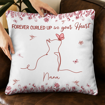 Custom Cat One Line Blue Toile De Jouy Style - Forever Curled Up In Our Hearts - Personalized Pillow