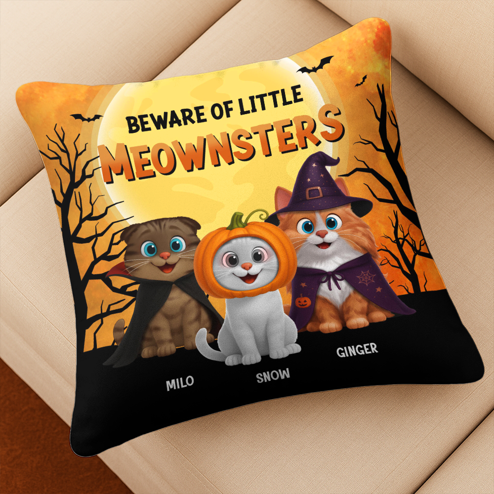 Be Aware Of Little Meownsters - Custom Cat Halloween Decor - Personalized Pillow