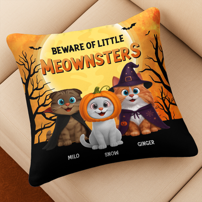 Be Aware Of Little Meownsters - Custom Cat Halloween Decor - Personalized Pillow