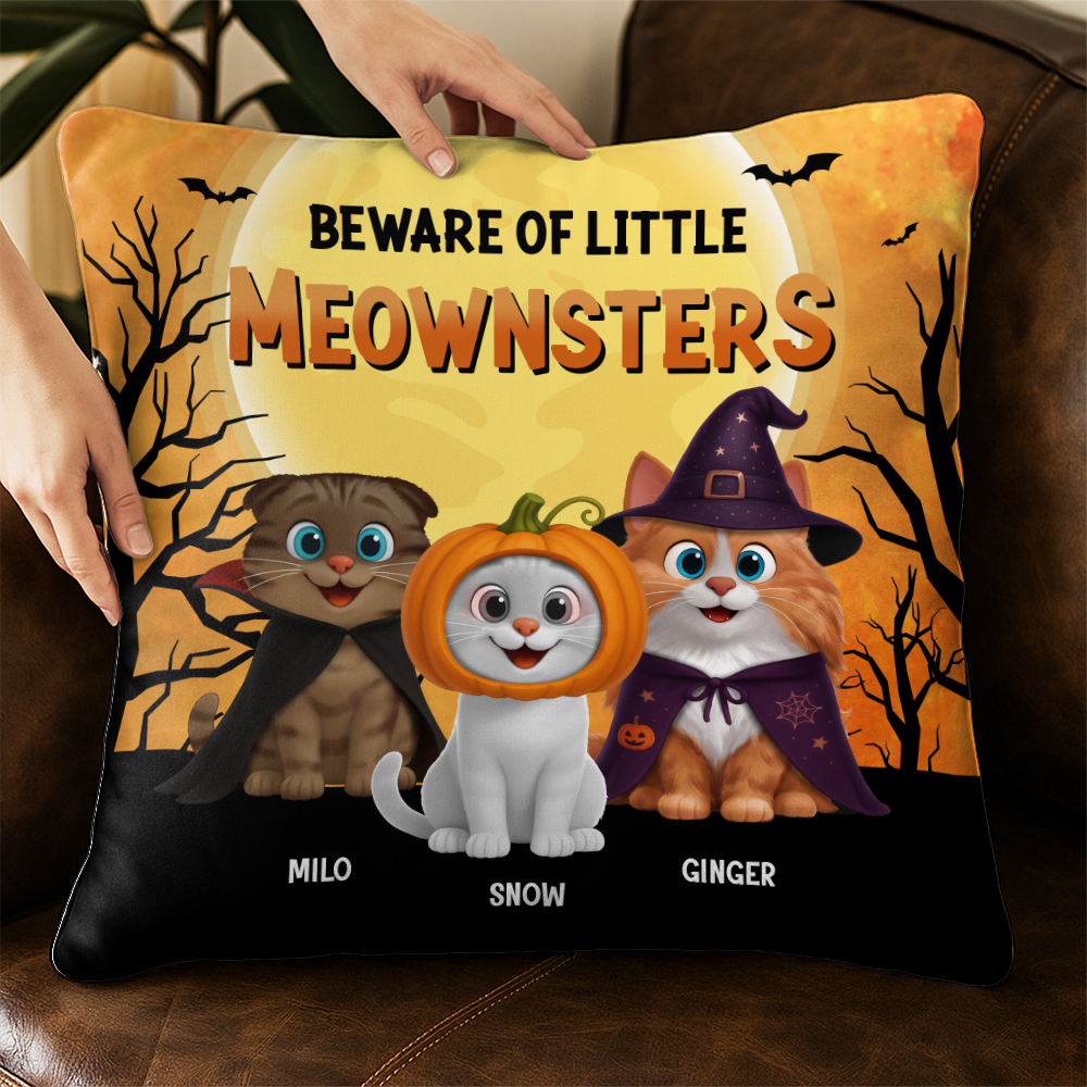 Be Aware Of Little Meownsters - Custom Cat Halloween Decor - Personalized Pillow