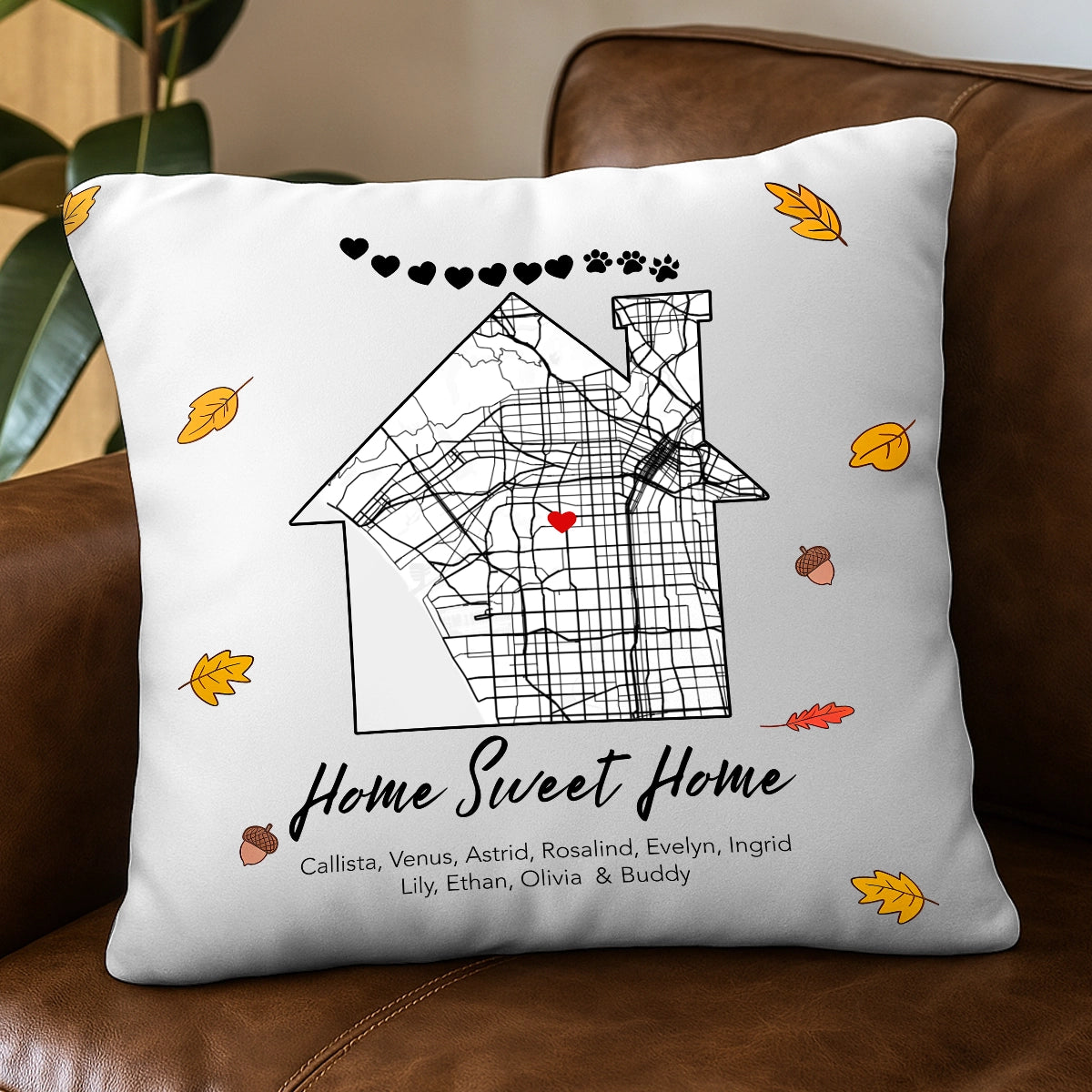 Home Sweet Home Map - Family With Pet Dog Cat - Personalized Pillow