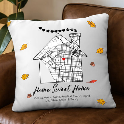 Home Sweet Home Map - Family With Pet Dog Cat - Personalized Pillow