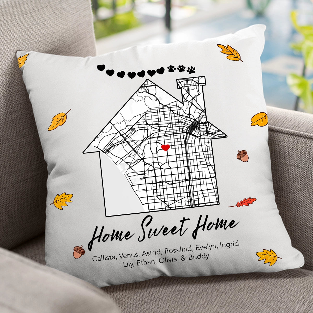 Home Sweet Home Map - Family With Pet Dog Cat - Personalized Pillow