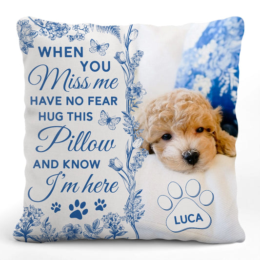 Dog Memorial When You Miss Me - Blue Toile De Jouy - Personalized Pillow