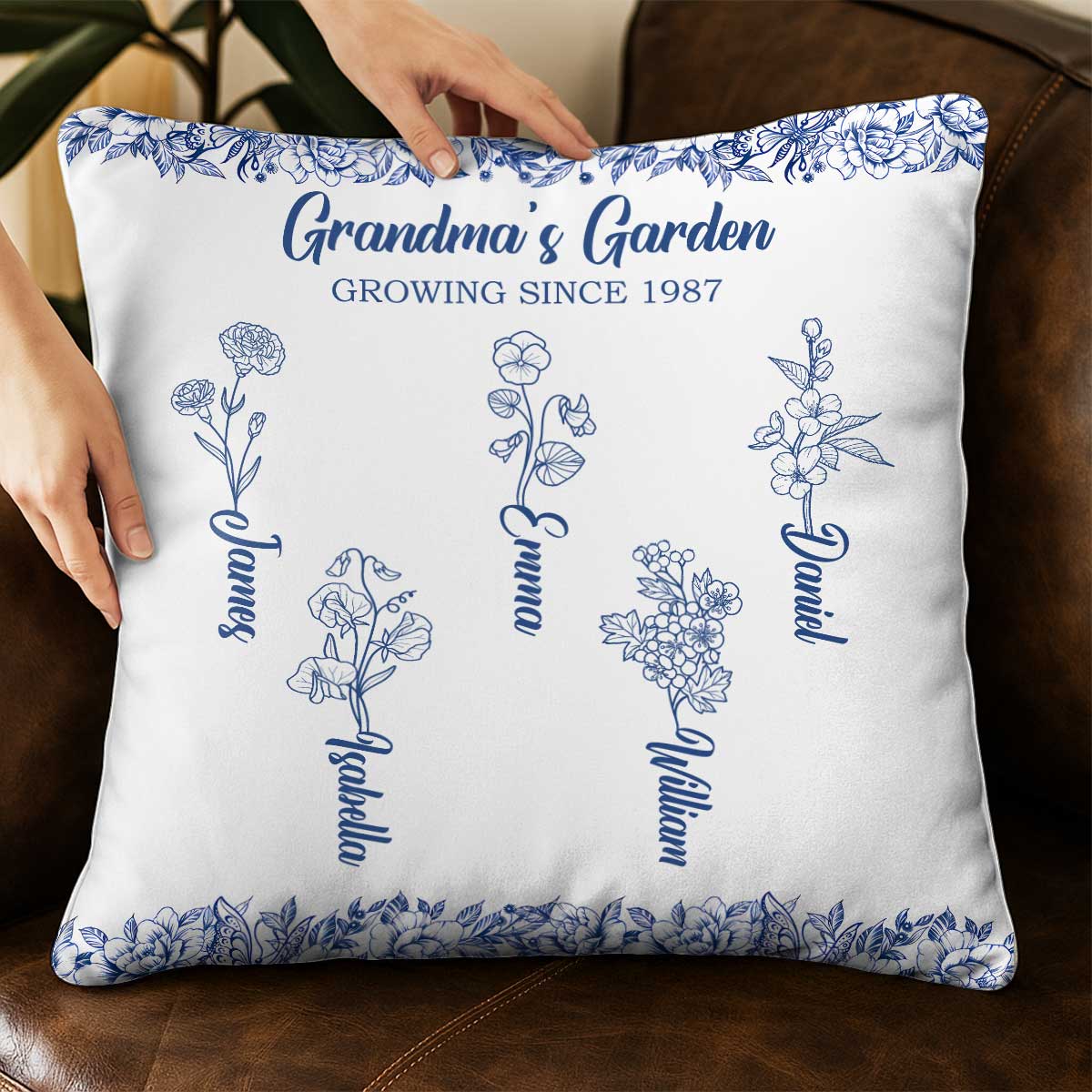 Grandma's Garden - Toile De Jouy Birth Flowers - Personalized Pillow