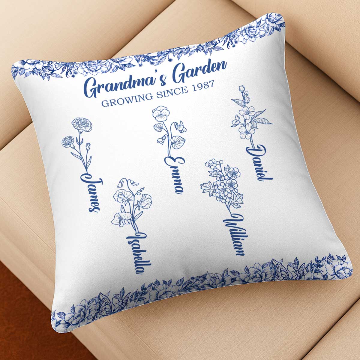 Grandma's Garden - Toile De Jouy Birth Flowers - Personalized Pillow