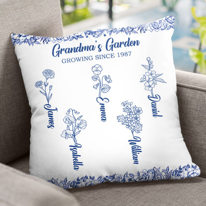 Grandma's Garden - Toile De Jouy Birth Flowers - Personalized Pillow