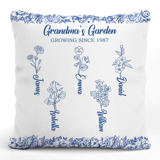 Grandma's Garden - Toile De Jouy Birth Flowers - Personalized Pillow