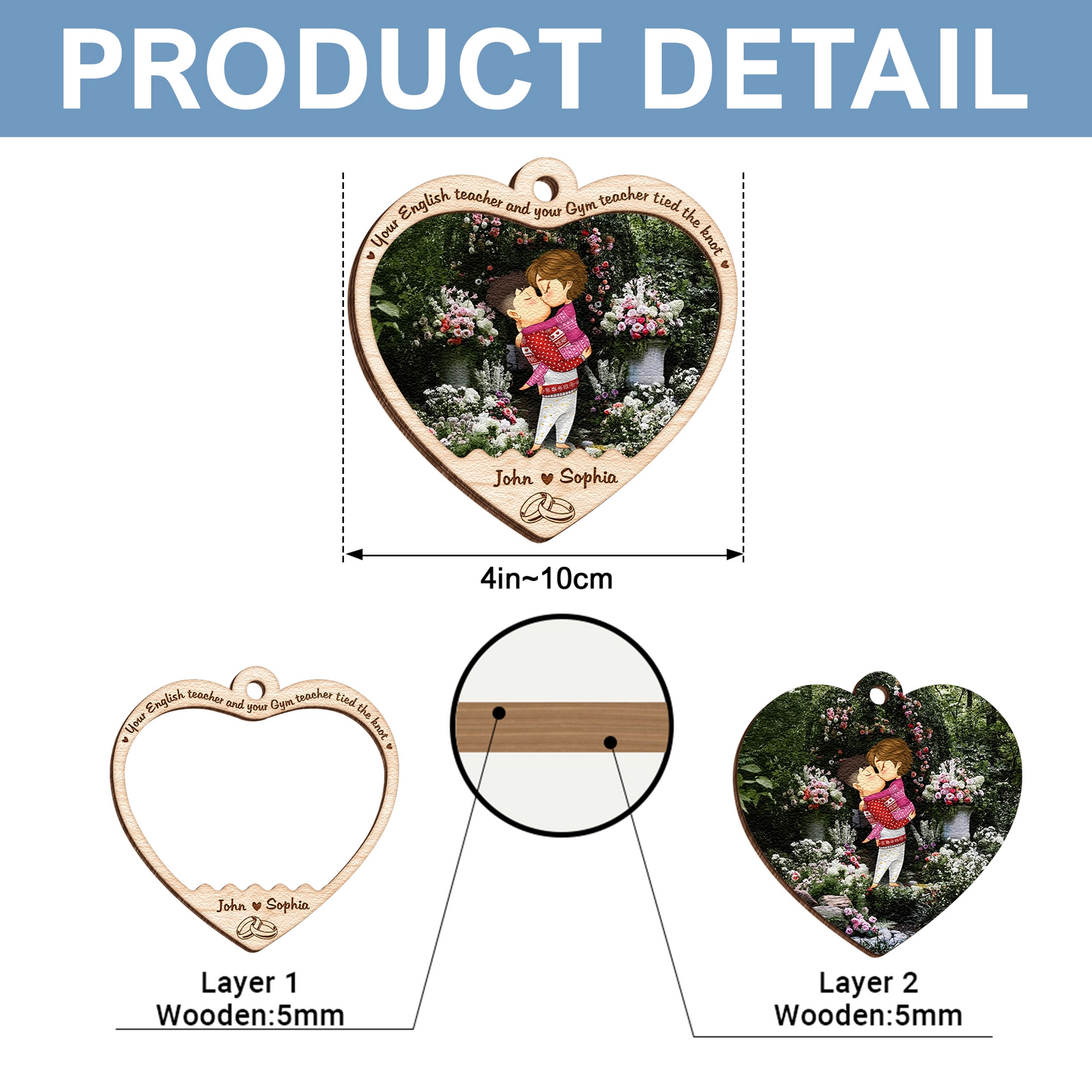 Personalized 2-Layer Heart Wooden Ornament - Custom Wedding or Anniversary Gift-MKweb5