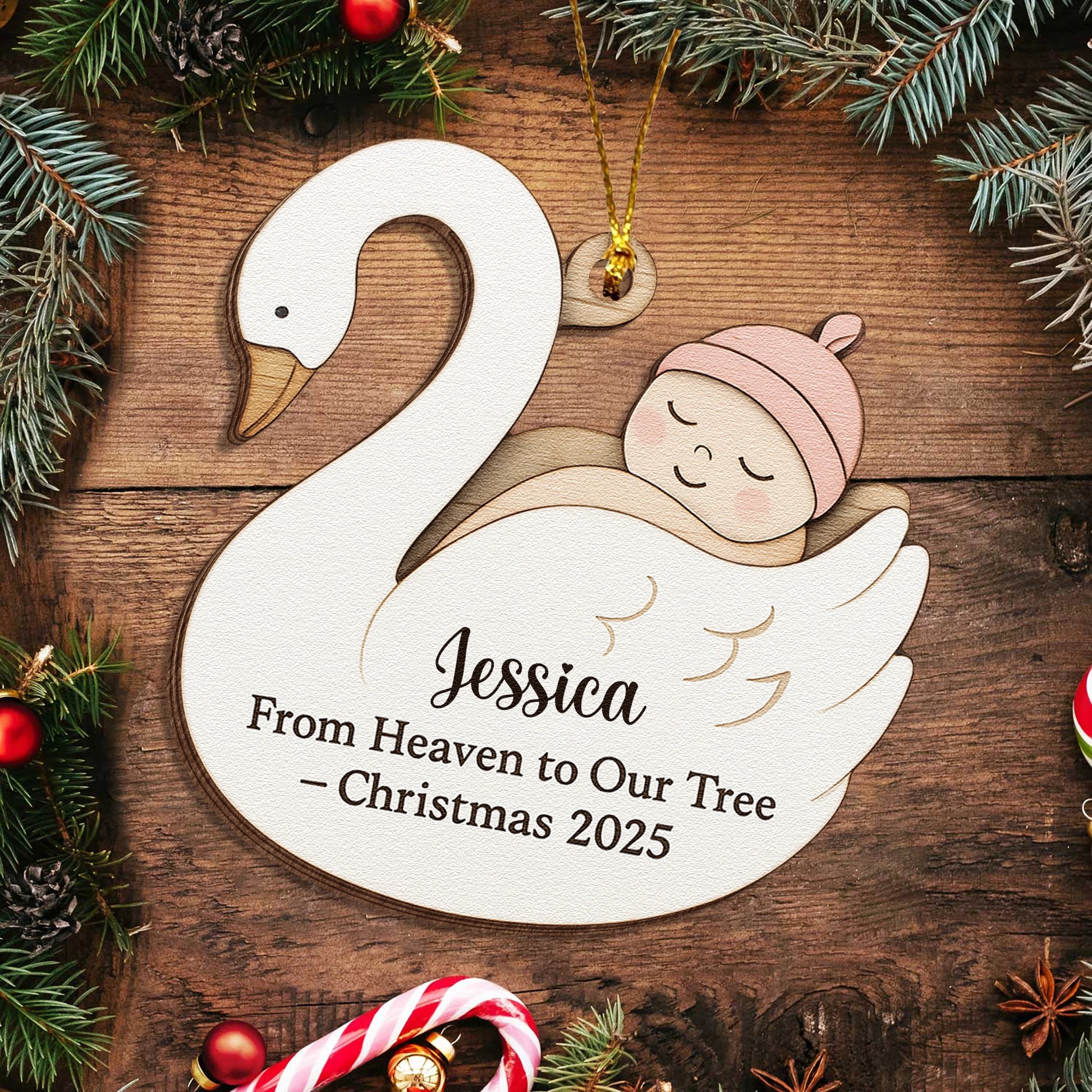 Personalized 2-Layer Wooden Baby Ornament – From Heaven to Our Tree Christmas Keepsake UWOCP2A-HH28-HN19080352-ads4