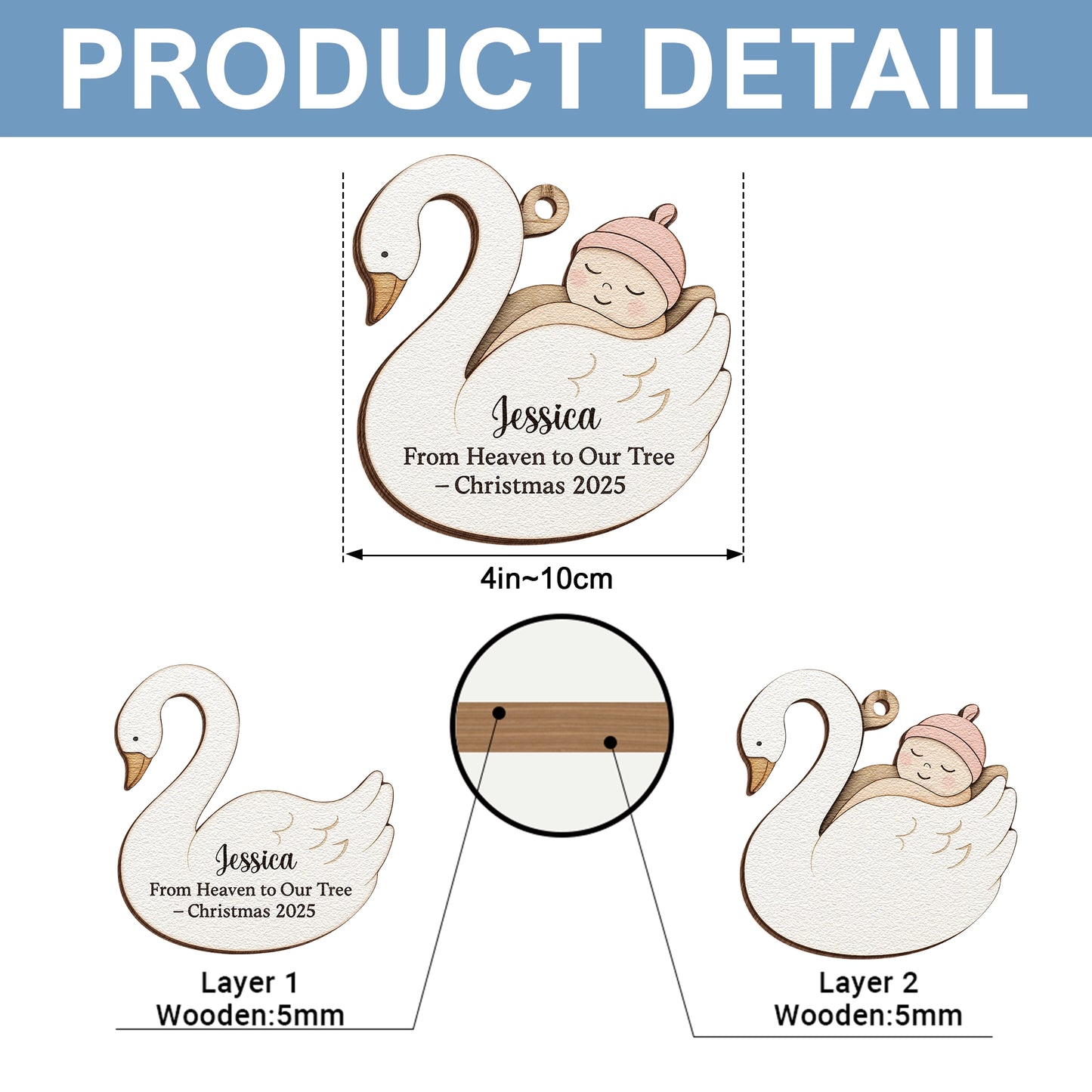 Personalized 2-Layer Wooden Baby Ornament – From Heaven to Our Tree Christmas Keepsake UWOCP2A-HH28-HN19080352-ads5