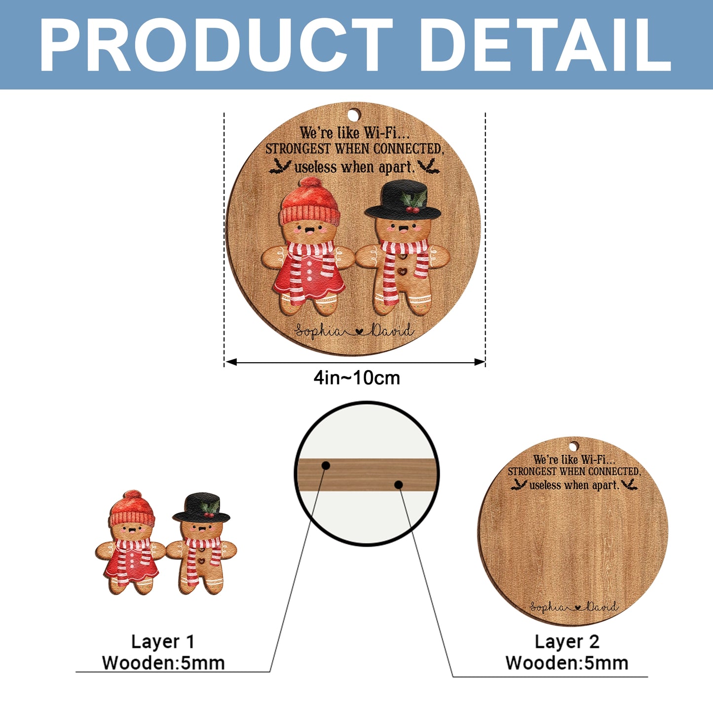 Personalized 2-Layer Wooden Christmas Ornament - Cute Gingerbread - We’re Like Wi-Fi, Strongest When Connected UWOCP2A-KL49-HN18080644-web5