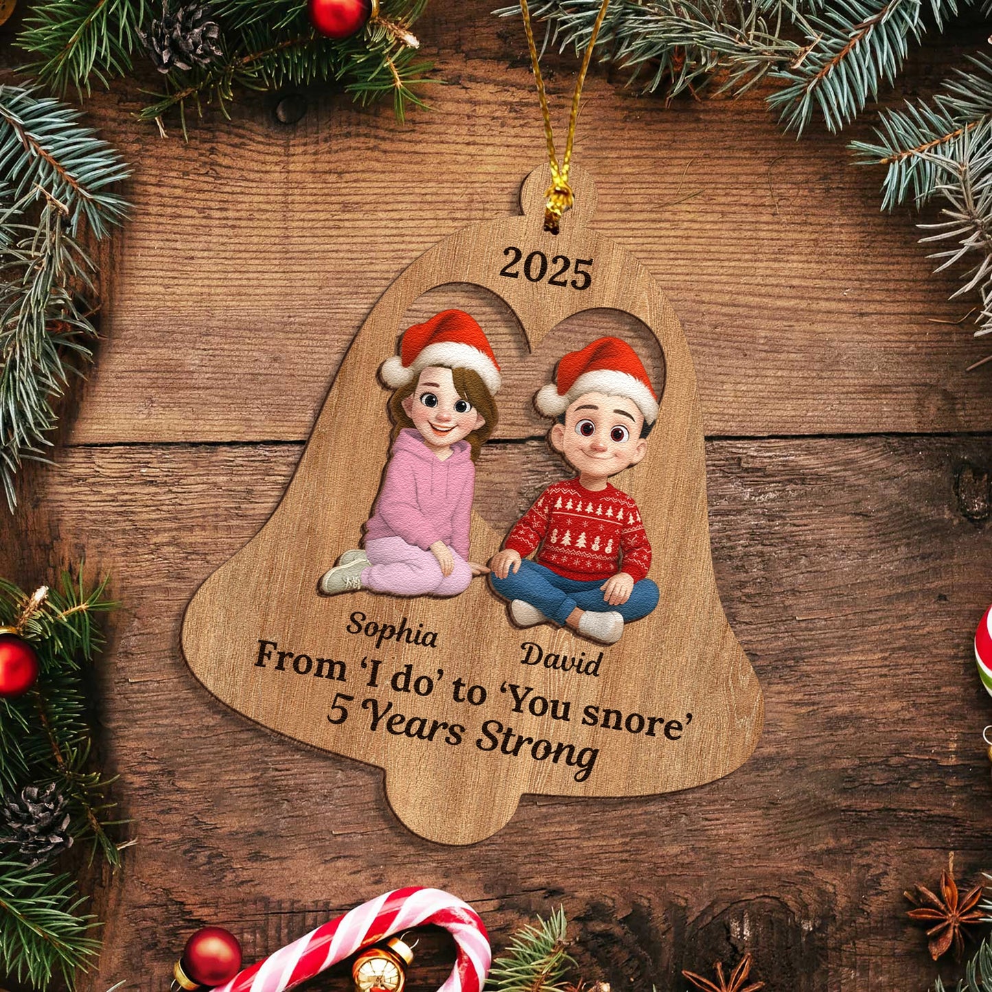 Personalized 2-Layer Wooden Ornament - Anniversary Christmas Ornament - Funny Couple Bell Shape - From I Do to You Snore UWOCPD-HH31-TT34-web4
