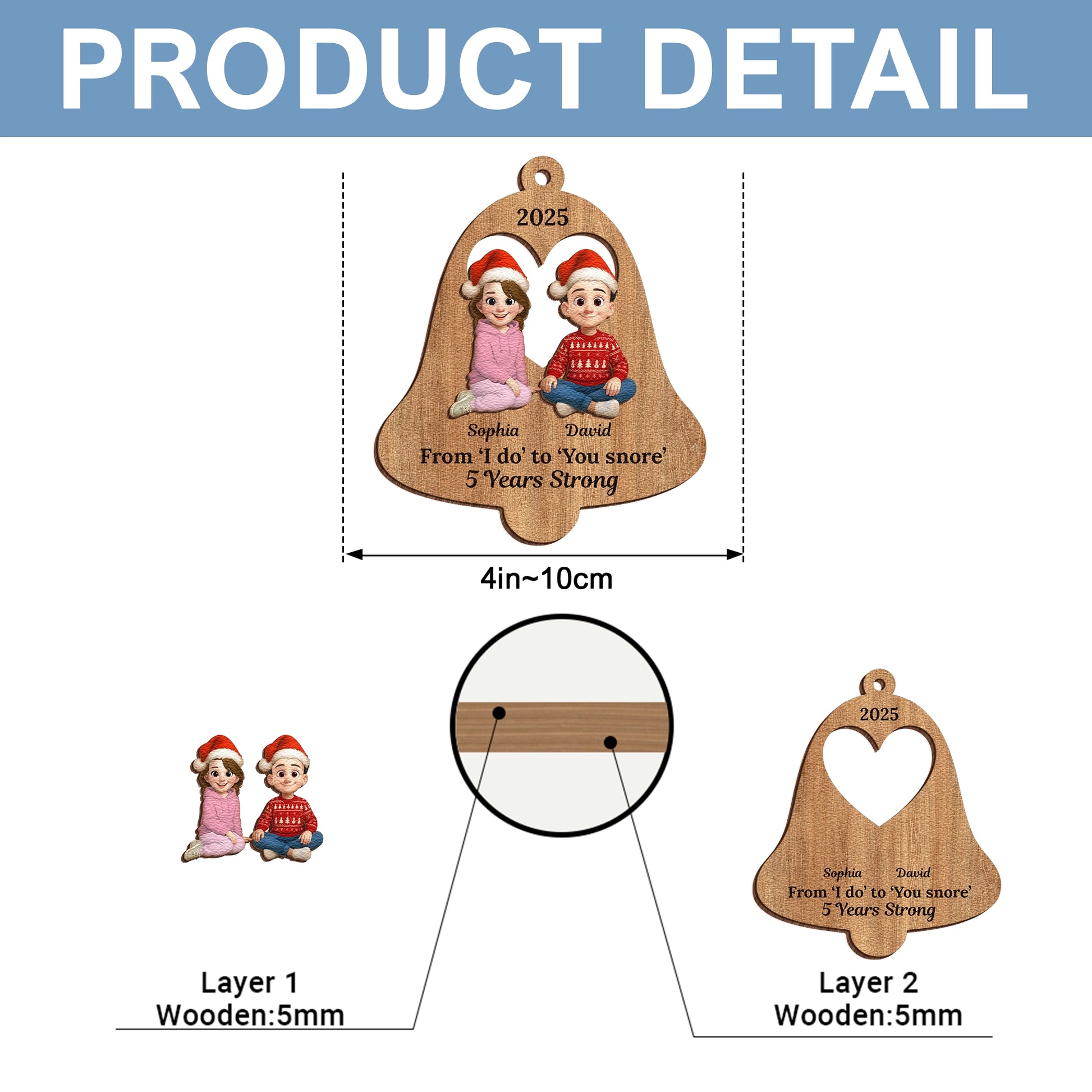 Personalized 2-Layer Wooden Ornament - Anniversary Christmas Ornament - Funny Couple Bell Shape - From I Do to You Snore UWOCPD-HH31-TT34-web5
