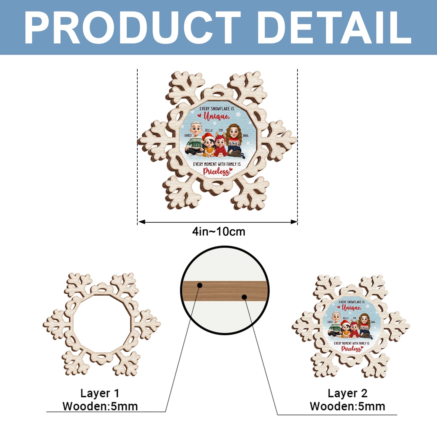 Personalized 2-Layer Wooden Ornament - Every Snowflake Is Unique, Every Moment With Family Is Priceless MKweb_2